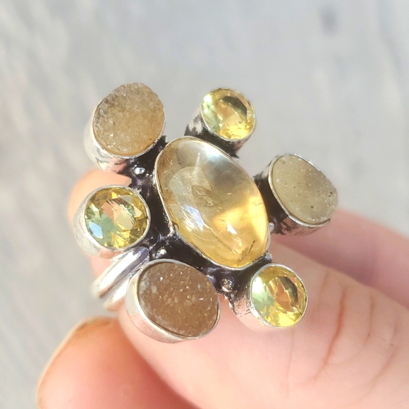 New Golden Rutile, Citrine and Druzy 925 Silver Ring. - Picture 12 of 16